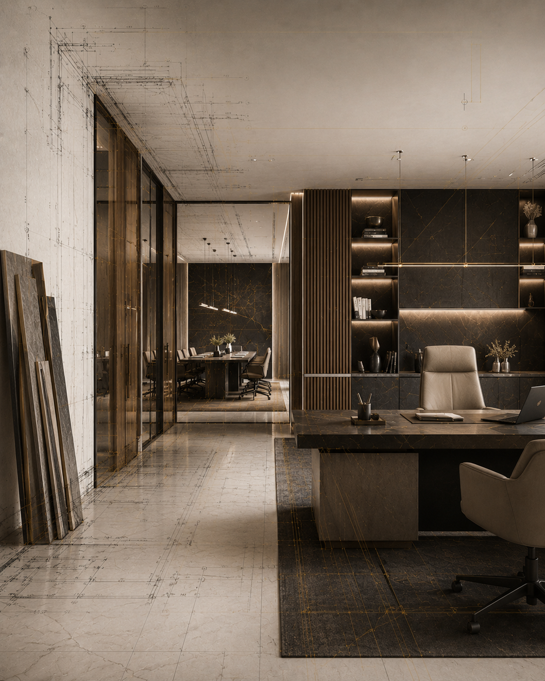 Escritório executivo corporativo com sala de reunião, vidro, iluminação linear e atmosfera profissional